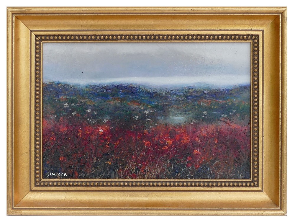 Jack SIMCOCK (1929-2012), oil on board with unusual coloured floral landscape, 20cm x 30cm. - Image 5 of 5