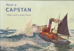 1950's Capstan Cigarettes card advertising sign, print artwork depicting steam fishing boat at