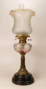 Edwardian brass fluted column oil lamp with hand painted glass bowl, chimney & shade, height