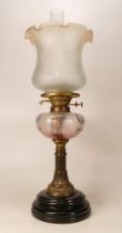 Edwardian brass fluted column oil lamp with hand painted glass bowl, chimney & shade, height