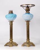 Pair of Victorian peg lamps, having brass Corinthian column, turquoise tinted opaque reservoir &