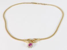 18ct gold ruby and diamond fronted hand made necklet, approx. 1.00ct oval ruby and diamond