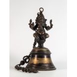 20th century Nepalese Ganesha bell, bronzed with heavy chain hanging hook, 37cm high