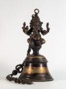 20th century Nepalese Ganesha bell, bronzed with heavy chain hanging hook, 37cm high