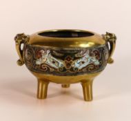 Polished bronze footed Incense pot with Satsuma decoration & elephant head handles, height 7.5cm