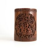Meiji Period (1868–1912), Chinese Bamboo brush pot (Bitong), one side with carved mythical bird