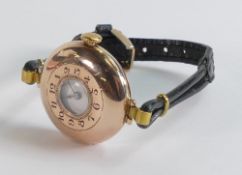 Unusual ladies 9ct rose gold half Hunter wristwatch with leather cocktail strap.
