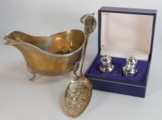 Silver sauceboat hallmarked for Birmingham 1912, 189g, pair of silver boxed salts, 15.5g and 19th