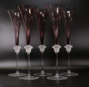 Rosenthal for Versace Medusa headed glass Amethyst coloured champagne flutes, height 30.5cm (5)