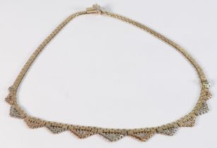 9ct tri-coloured gold choker necklace, 23.1g.