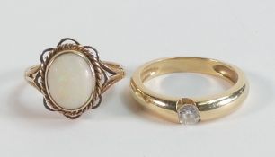 Two 9ct gold rings - Opal hallmarked size K, and an un hallmarked ring set white stone, tested as