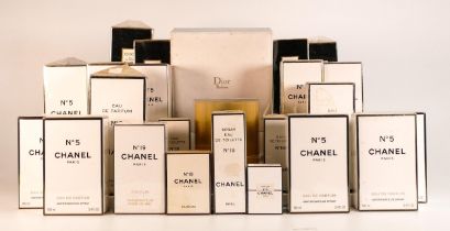 A collection of Chanel to include No.5 body spray, body lotion x 4, 100ml Eau de Parfum x 4,