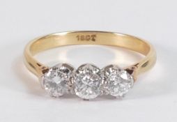 18ct gold and 3 stone diamond dress ring, un-hallmarked, but stamped 18ct and tested as such,