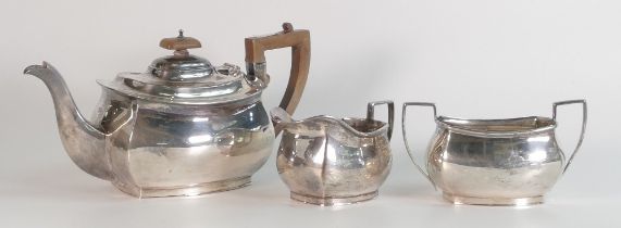 Silver three piece tea set, hallmarked for London 1938, 1120g