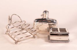 Silver hip flask (small dent), unusual toast rack by George Unite, and stamp case, gross weight