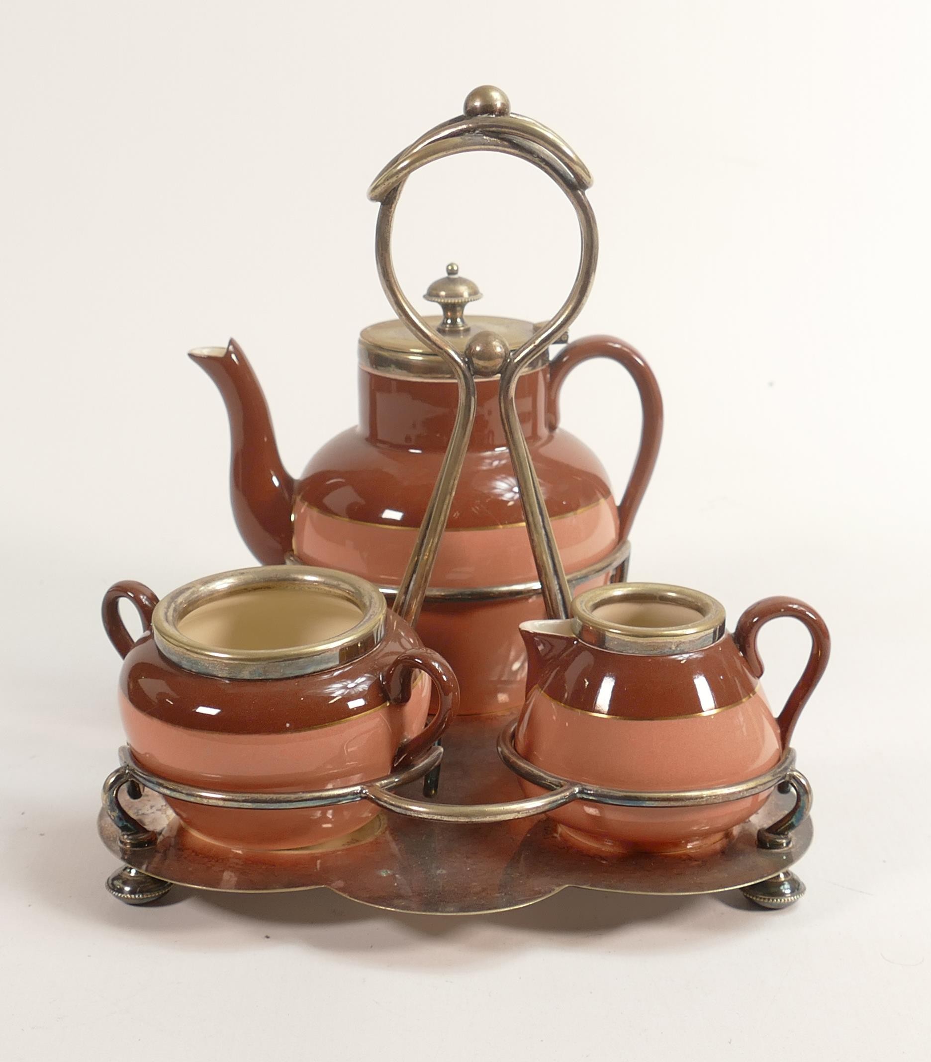 Carlton blush ware metal mounted tea for one service, with two tone pink block decoration, by - Bild 2 aus 5