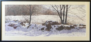 Ray Hendershot (1931-2019), print of snowy landscape "The Stone Row" 42cm x 98cm, framed by Easyart.