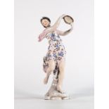 Oswald Lorenz Meissen porcelain figure of lady with tambourine, early 20th century, crossed sword