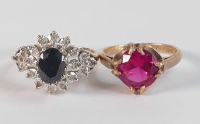 Two 9ct gold hallmarked rings - sapphire & diamond cluster ring, size M, together with a ruby (