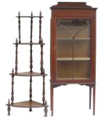 Edwardian Mahogany inlaid display cabinet together with inlaid walnut veneered Victorian Whatnot.