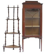 Edwardian Mahogany inlaid display cabinet together with inlaid walnut veneered Victorian Whatnot.