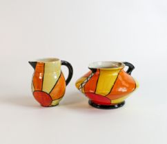 Lorna Bailey large Sunburst pattern jugs, Old Ellgreave backstamp, height of tallest 14cm (2)