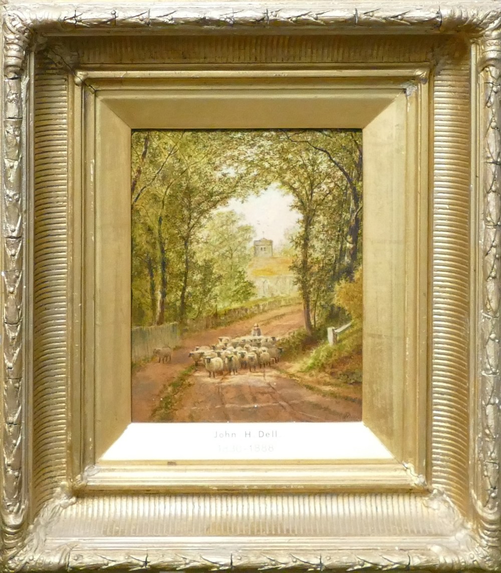 John H Dell (1830-1888) framed oil on board of Farming Landscape, frame size 46cm x 41cm, some