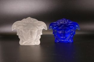 Rosenthal for Versace Medusa Head glass paperweights in frosted & blue glass, height 7.5cm (2)