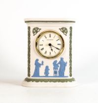 Wedgwood three colour Jasperware mantle clock, green & blue decoration on white ground, h.16cm.