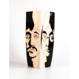 Burslem pottery large four faced Beatles square vase, hand painted by Tracy Bentley. Height 25.5cm