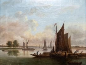 19th century European boat scene oil on canvas 35.5cm x 46cm, excluding frame.