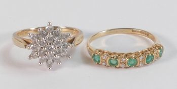 Two 9ct gold hallmarked rings - emerald (or similar green stone) & diamond , size N, together with