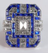 Large costume jewellery ladies ring, Art Deco style set with blue and white stones, 4 x 3cm.