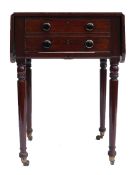 Victorian Mahogany sewing table on turned legs, height 75cm, length with leaves open 94cm & depth
