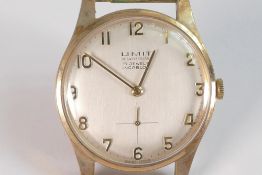 LIMIT 9ct gold gents wrist watch, dial states Limit of Switzerland 17 jewels Incabloc. Winds, ticks,