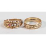 9ct gold wedding ring, size J/K, 2.4g, with another 9ct gold ring set with red & white stones (one