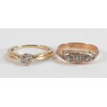 9ct gold ring set with 5 white stones, size K/L,1.8g and 9ct gold diamond ring, size N,1.9g. (2)