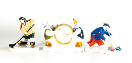 Coalport Snowman Figures of Lets Make Some Noise, Ice Hockey and Curling. (3)