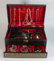 A good collection of ladies costume jewellery in jewellery box including silver, watches, brooches