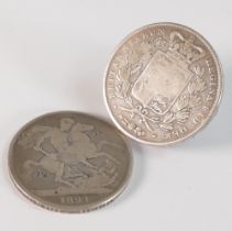 Silver crowns, dated 1821 and 1845,54g. (2)