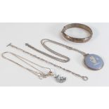 A collection of silver jewellery including Wedgwood brooch and necklace,22.3g, bangle 22.2g,