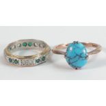 Two 9ct gold rings - Rose gold set turquoise ring, indistinctly marked but tested as 9ct size Q,