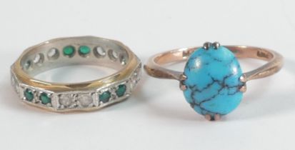 Two 9ct gold rings - Rose gold set turquoise ring, indistinctly marked but tested as 9ct size Q,