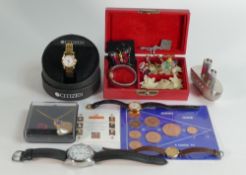 A collection of wristwatches and costume jewellery including Citizen, Oris, Raymond Weil, coins etc