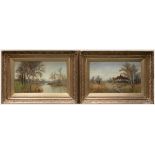 J Harnack, pair of oil paintings on canvas, one with river & boat scenes and the other of country