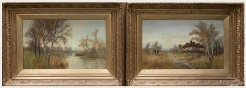 J Harnack, pair of oil paintings on canvas, one with river & boat scenes and the other of country
