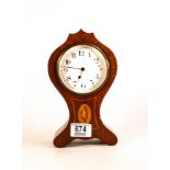 Edwardian mahogany cased balloon shaped inlaid mantle clock, 21.5cm high. Not working.
