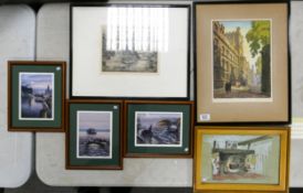 A collection of framed prints , etchings & similar with landscape & still life themes, largest 50