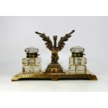 Heavy Brass Victorian Double Inkwell with central figure of Gryphon, length 28.5cm