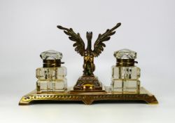 Heavy Brass Victorian Double Inkwell with central figure of Gryphon, length 28.5cm